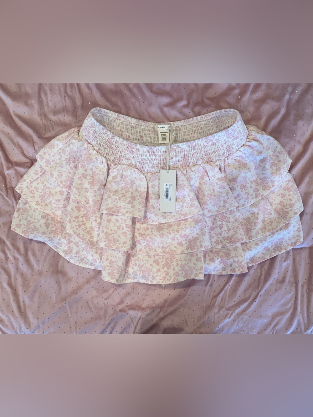 Altar’d State Pink and Ivory Floral Tiered Ruffle Mini Skirt w/ Built in Shorts - Picture 2 of 5